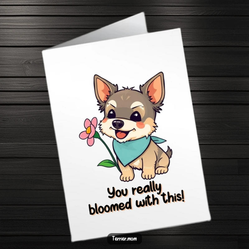 Free printable congratulations card featuring a happy terrier in a bandana sniffing a flower, perfect for humorous celebrations.