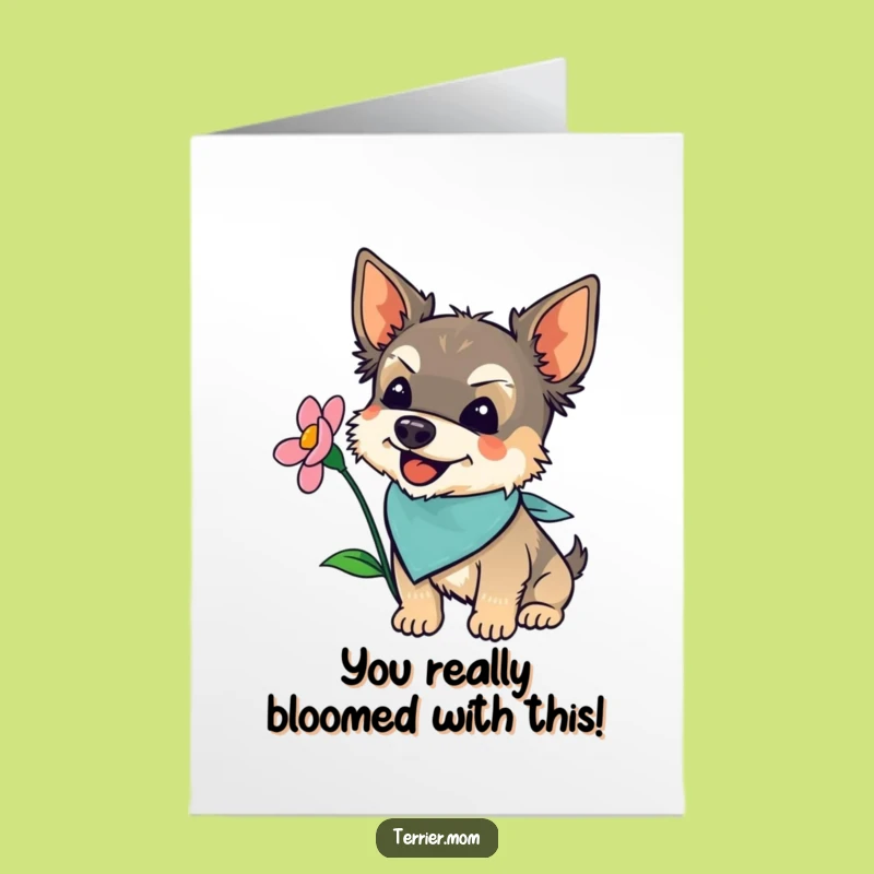 Free Printable Congrats Card: Joyful Flower Sniffing Terrier, Humorous Doggy Downloadable Gift