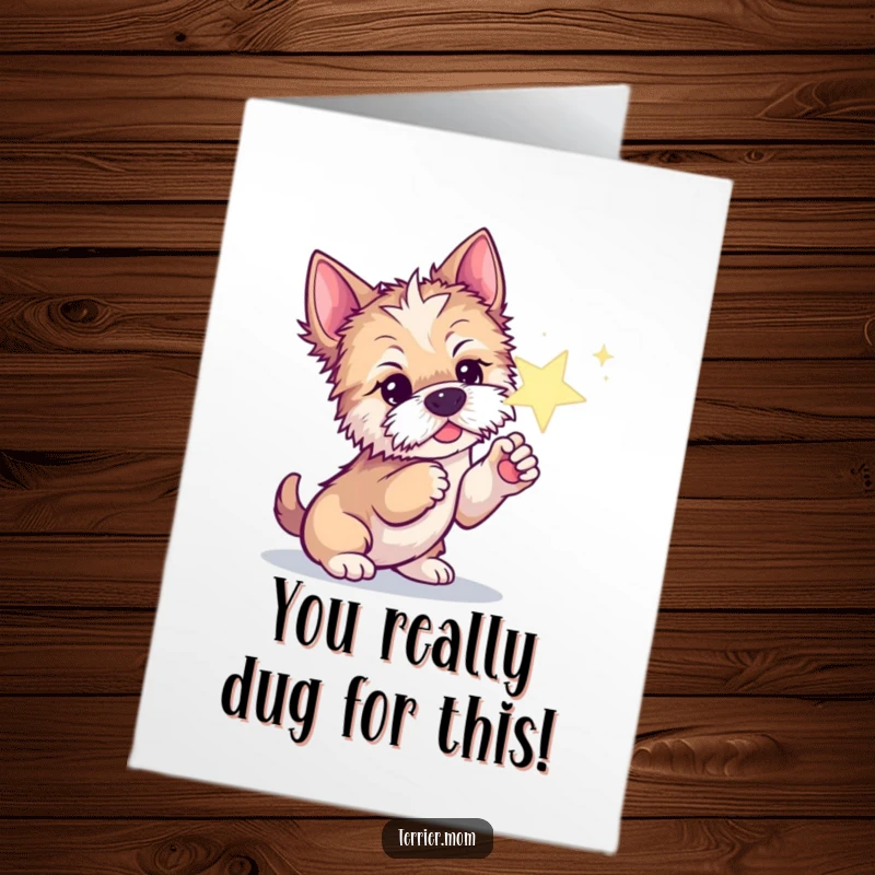 Free printable congratulations card: A curious Terrier dog curiously pokes a dazzling, sparkling star with its paw.
