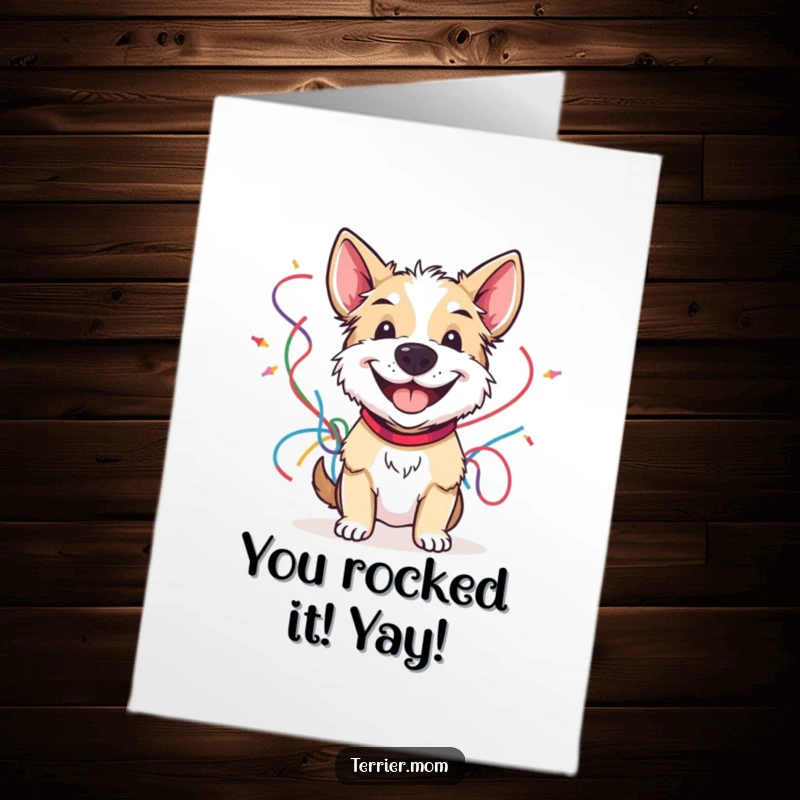 Funny Free Printable Congratulations Card: A terrier beams with a cheerful grin while holding a vibrant bunch of party streamers, celebrating success.