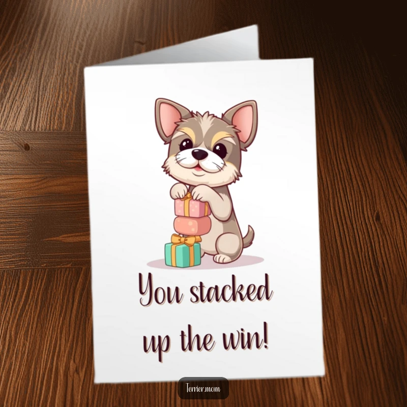 Funny Free Printable Congratulations Card: A terrier with intense focus balances a wobbly stack of small, round gifts.