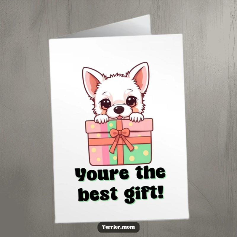Funny Free Printable Thank You Card: A kawaii terrier peeking out of a colorful gift box, offering thanks.