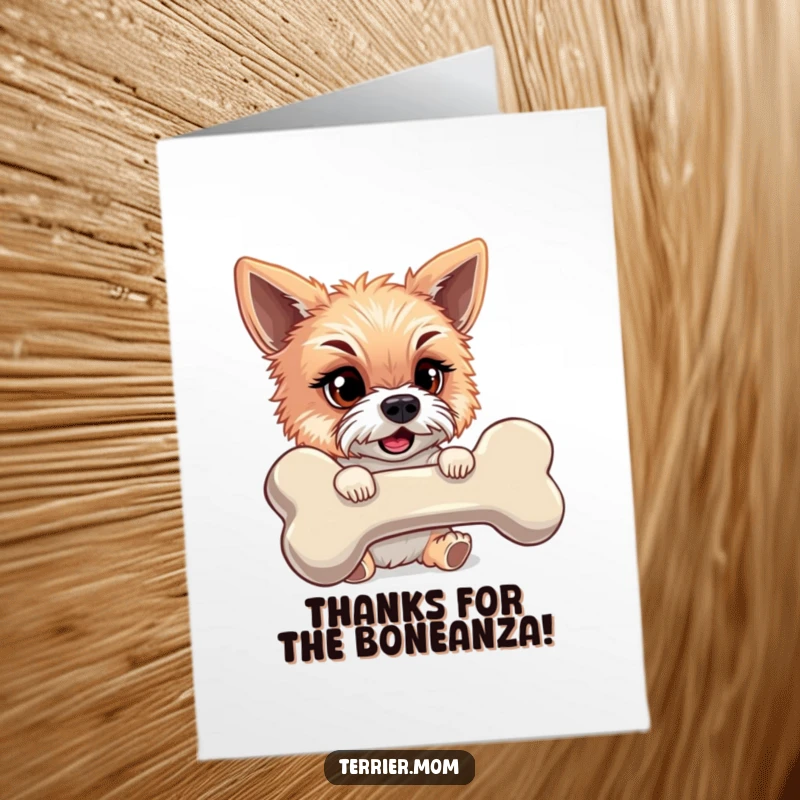 Funny Free Printable Thank You Card: Adorable terrier with a giant bone, expressing slobbery gratitude.