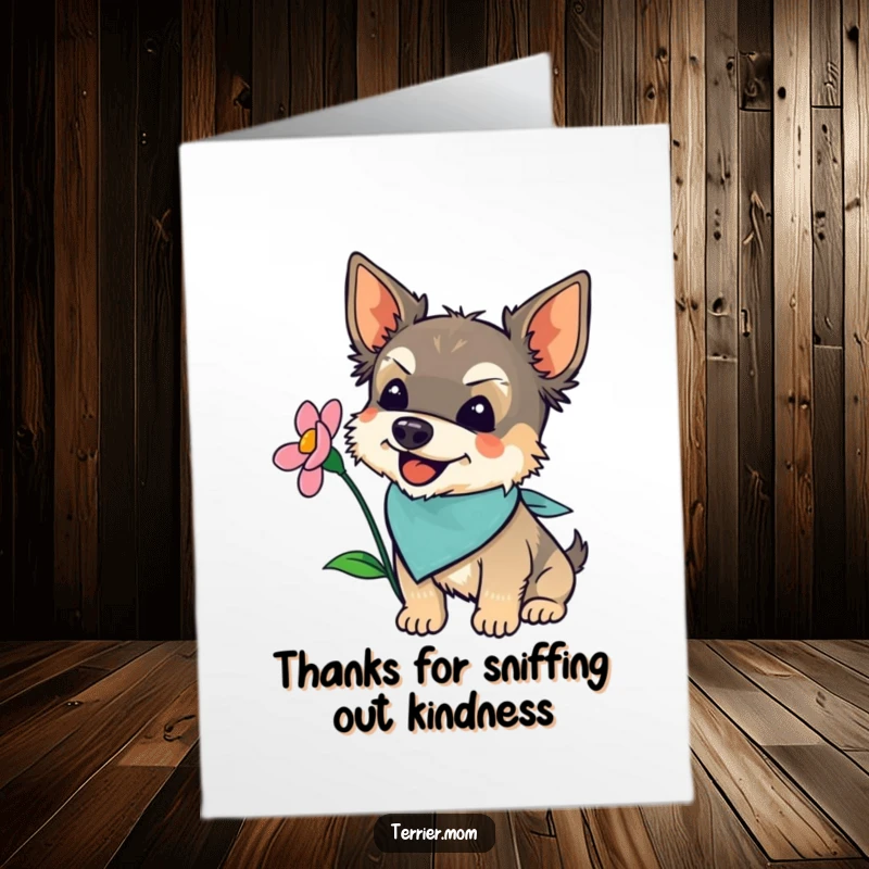Funny free printable thank you card with a bandana-wearing terrier dog joyfully smelling a vibrant flower. Cute and humorous.
