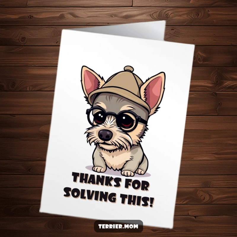 Funny free printable thank you card: A terrier in a detective hat peering closely, investigating a token of thanks.