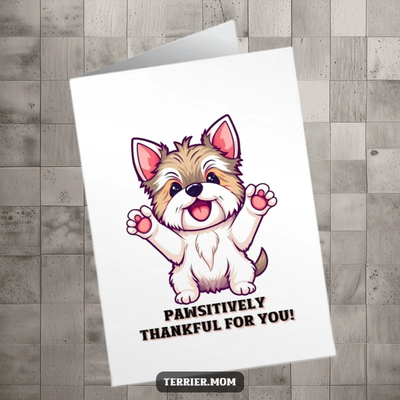 Funny Free Printable Thank You Card featuring a happy Kawaii Terrier dog with paws raised, joyfully saying hooray!