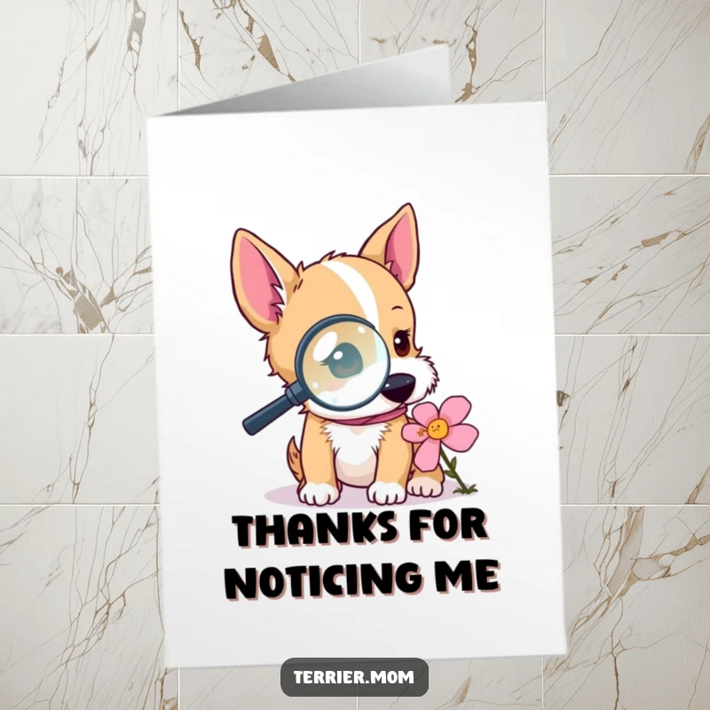 Funny Free Printable Thank You Card: A curious terrier uses a magnifying glass to examine a delicate flower.