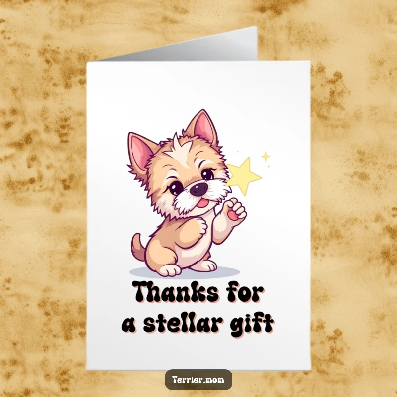 Funny free printable thank you card: A curious Terrier dog gently nudges a sparkling star with its paw, sending thanks.