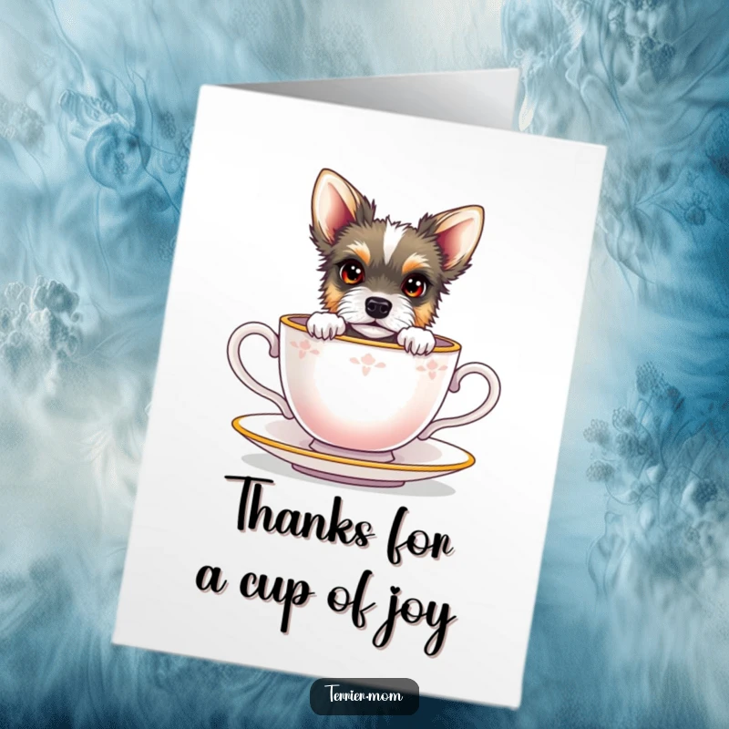 Funny free printable thank you card featuring a terrier with bright eyes peeking out from a small teacup. Cute and unique.