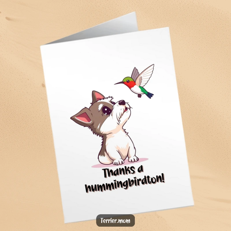 Funny Free Printable Thank You Card: A terrier looks up with pure delight at a hovering hummingbird, a charming way to say thanks.