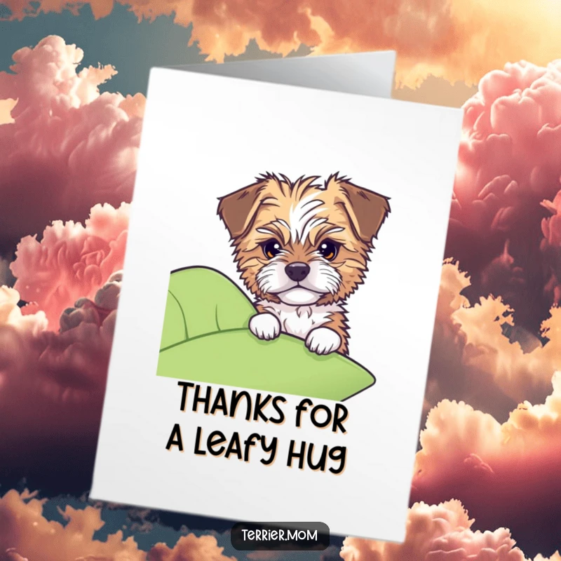 Funny Free Printable Thank You Card: Dog with tousled fur peeking curiously from behind a large leaf, expressing thanks.