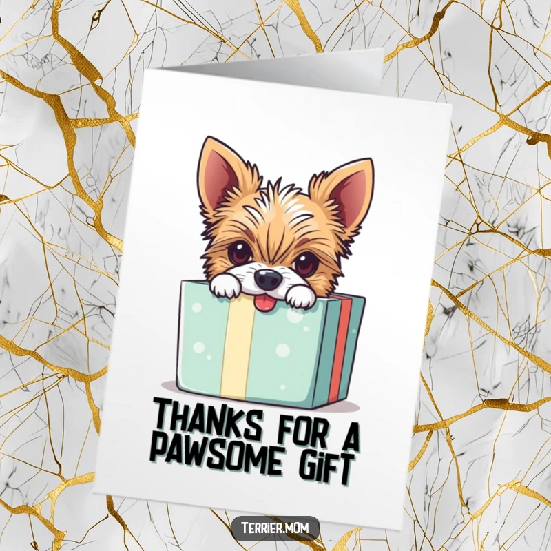 Funny free printable thank you card: A Terrier dog with a cheeky expression peeks out of a gift box, offering thanks.