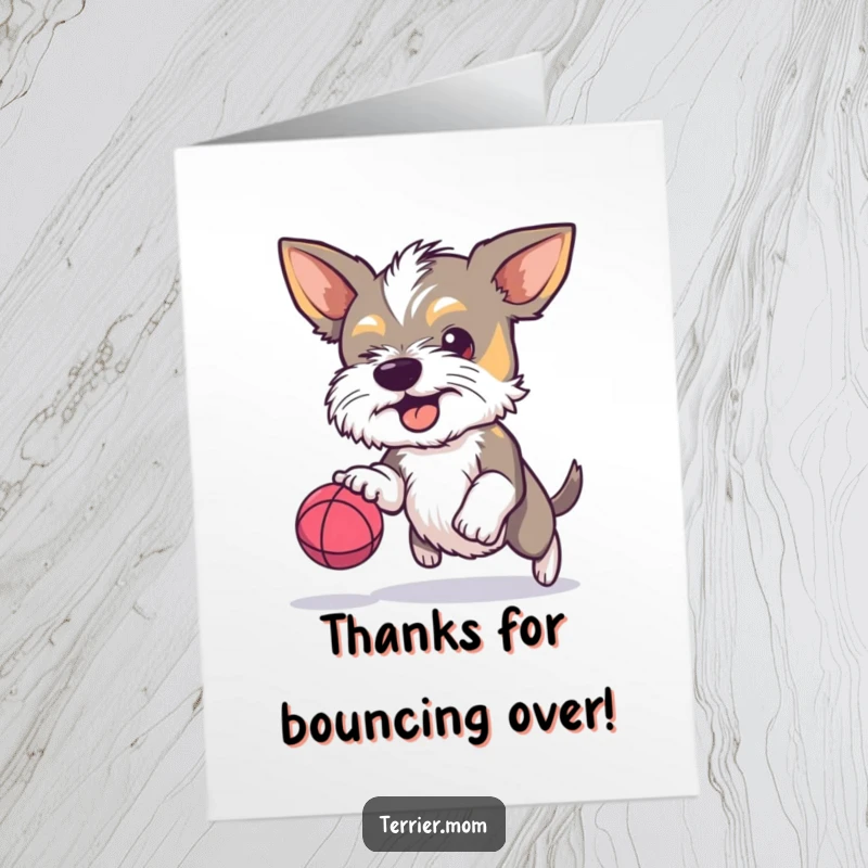 Funny Free Printable Thank You Card: A determined terrier focused on bouncing a tiny ball, saying thanks.