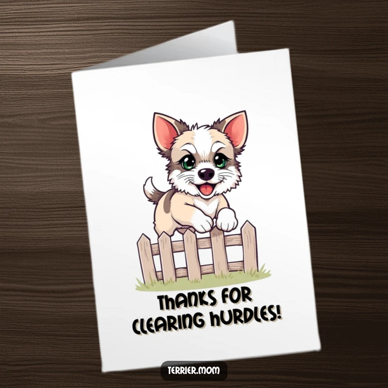 Funny Free Printable Thank You Card: A terrier leaping over a fence with a look of pure gratitude.