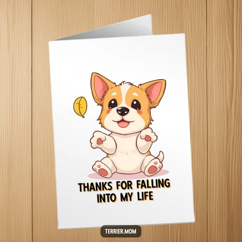 Funny Free Printable Thank You Card: A happy terrier with outstretched paws trying to grab a falling leaf, cute dog illustration.