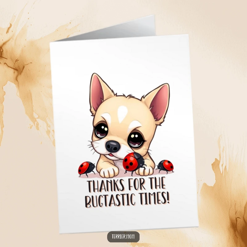 Funny Free Printable Thank You Card featuring a curious terrier examining a ladybug, sweet and humorous dog art for gratitude.