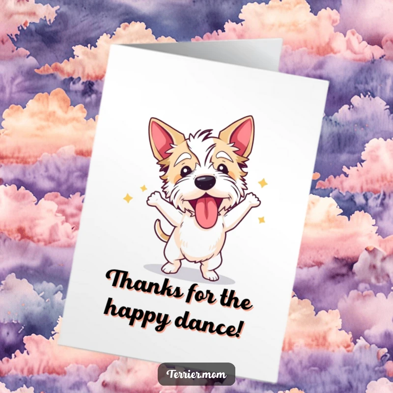 Funny Free Printable Thank You Card: A terrier twirling and leaping, tongue out, expressing joyful thanks.