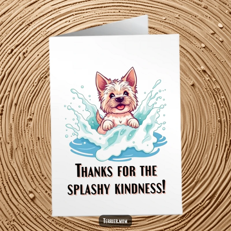 Funny Free Printable Thank You Card: A terrier playfully splashes in a vibrant, foamy wave, expressing thanks.