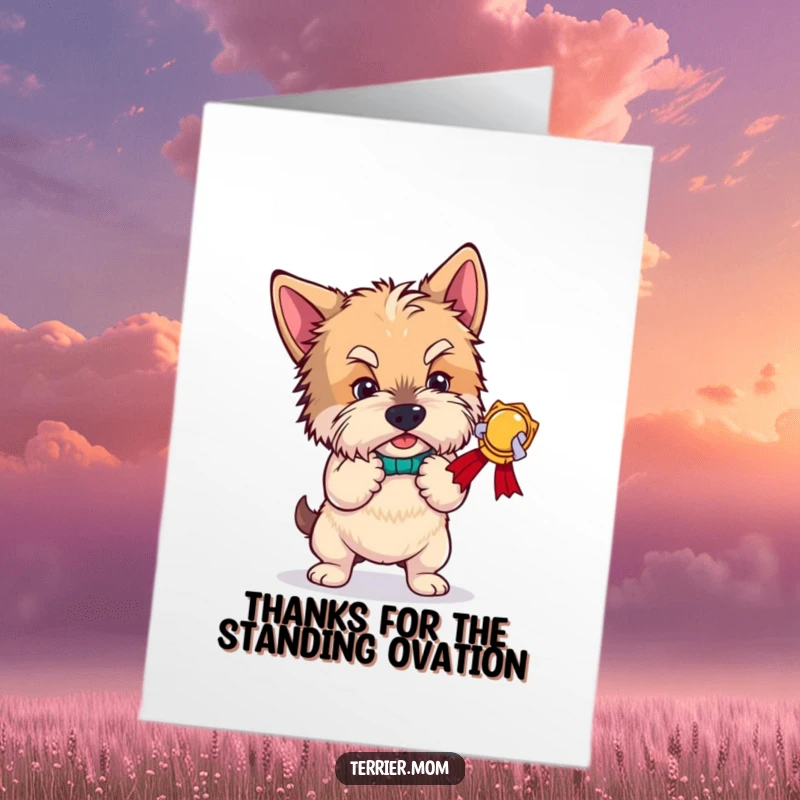 Funny Free Printable Thank You Card: Terrier bowing dramatically, accepting imaginary award for amazing act