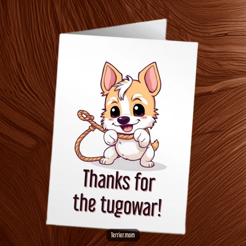Funny Free Printable Thank You Card: A terrier happily and determinedly tugging on a rope with gratitude.