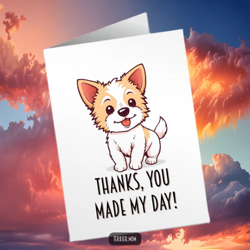 Funny Free Printable Thank You Card: Kawaii terrier with perky ears, tail wagging with excitement, a thankful downloadable.
