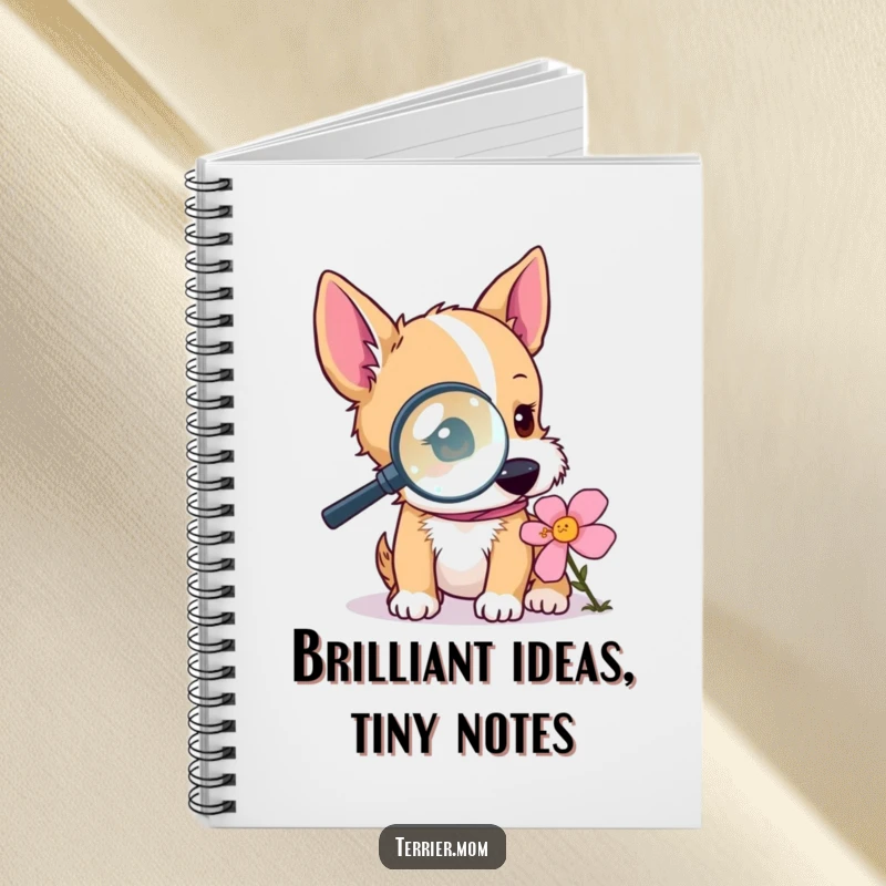 Funny terrier notebook featuring a dog with a magnifying glass examining a flower, perfect for jotting notes with a humorous, investigative spirit.