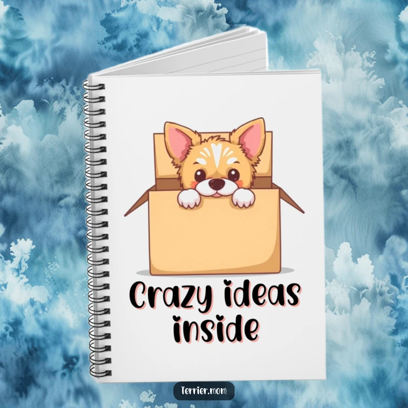 Funny notebook with a terrier peeking out from a cardboard box, ideal for jotting down secrets.