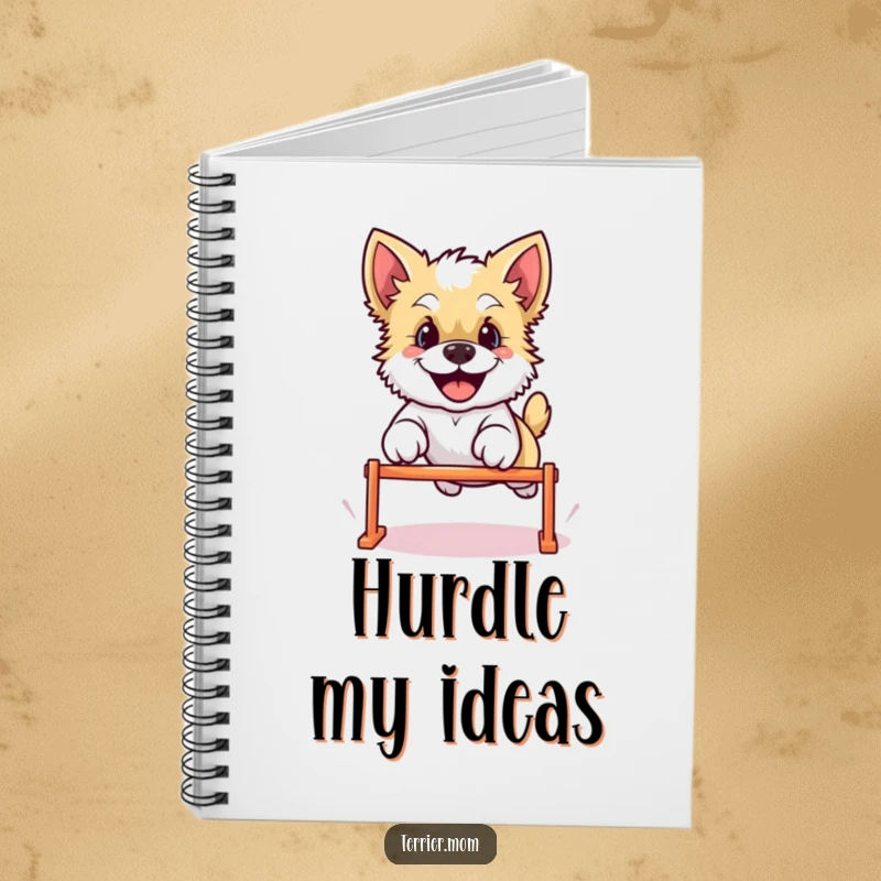 Funny Kawaii Terrier dog notebook, featuring the happy character leaping over a hurdle, ready to inspire creative writing and note-taking.