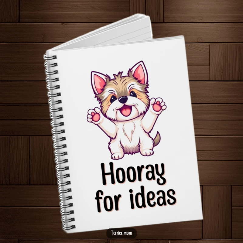 Funny Kawaii Terrier dog notebook, showing the cute pup with paws up in a hooray pose, perfect for jotting down happy thoughts.
