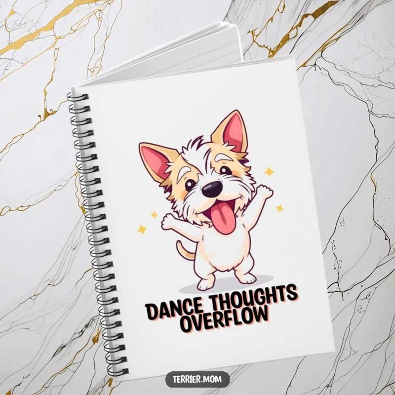 Funny terrier notebook with a dog dancing wildly with its tongue out, ideal for jotting down creative ideas.