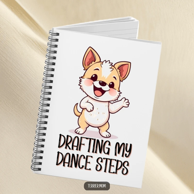 Funny notebook with an energetic terrier doing a silly wiggle dance, ideal for jotting ideas.