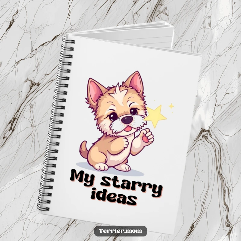 Funny notebook cover with a curious Terrier dog poking a sparkling star with its paw.