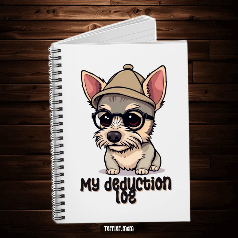 Funny detective terrier notebook with a cover featuring a dog in a tiny hat, peering closely, perfect for jotting down ideas with investigative humor.
