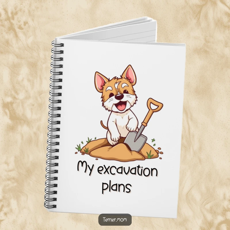 Funny terrier notebook with a cover featuring an excited dog digging with a shovel, perfect for jotting down ideas with energetic humor.