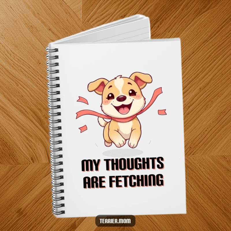 Funny Dog Notebook featuring a lively dog joyfully pursuing a ribbon, ideal for jotting down creative ideas with humor.