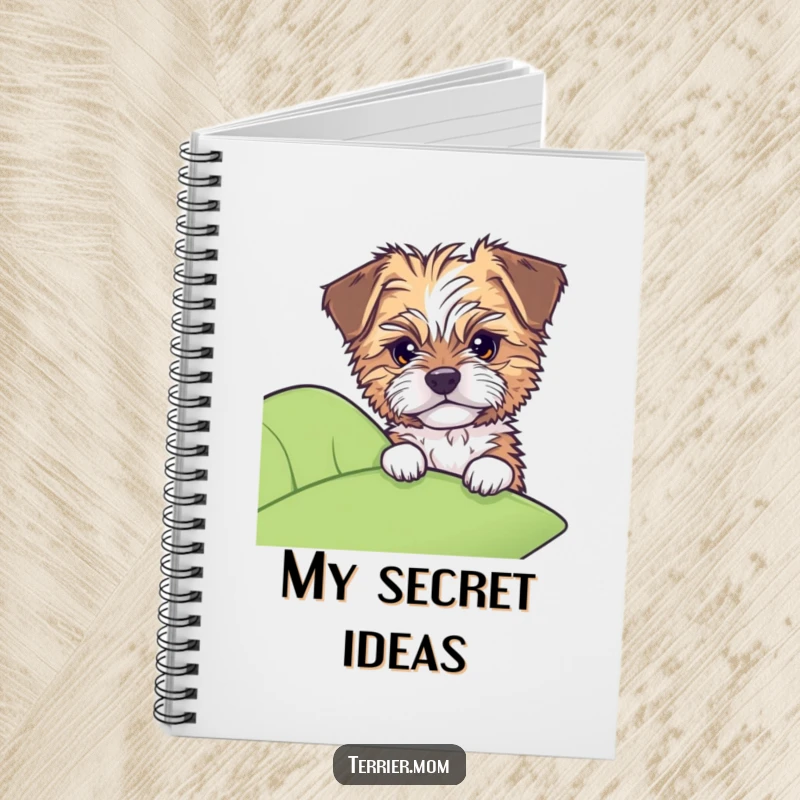 Funny notebook with a tousled dog peeking with shy curiosity from behind a large leaf.