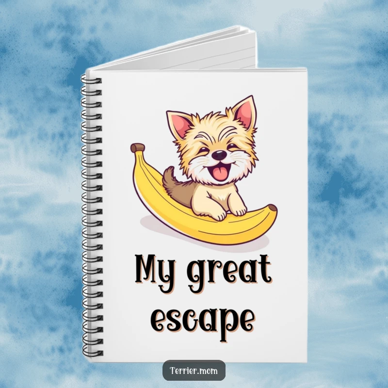 Funny notebook cover with a giggling Terrier dog hilariously sliding down a banana peel, inspiring funny thoughts.