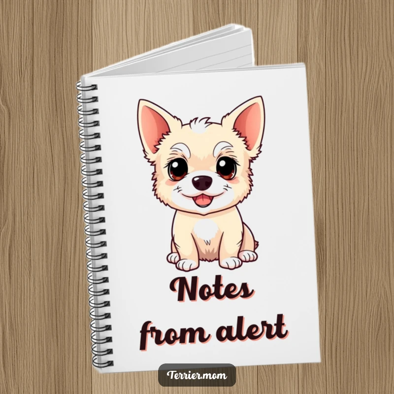 Funny Kawaii Terrier dog notebook, ideal for writing and drawing, showing an alert, happy dog with pointed ears, perfect for school or work.