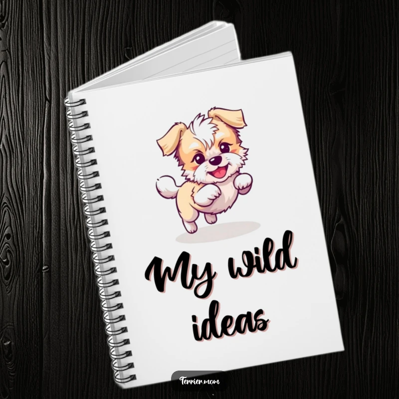 Funny Kawaii Terrier dog notebook, great for writing and drawing, showing a playful dog chasing its tail in circles, perfect for use.