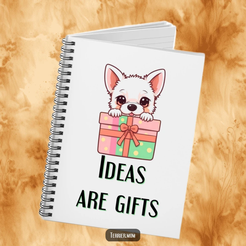Funny Notebook cover showing a kawaii terrier peeking from a colorful gift box, ready to capture your adorable ideas.