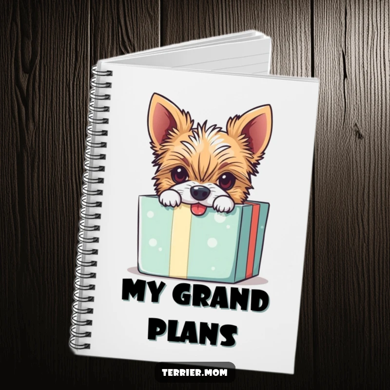 Funny notebook cover with a mischievous Terrier dog peeking out of a gift box with a playful look.