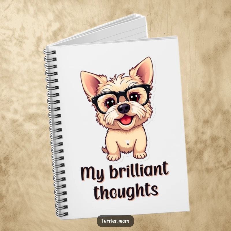 Funny Notebook featuring a playful Terrier dog wearing funny glasses and tilting its head, perfect for jotting down witty ideas and observations.