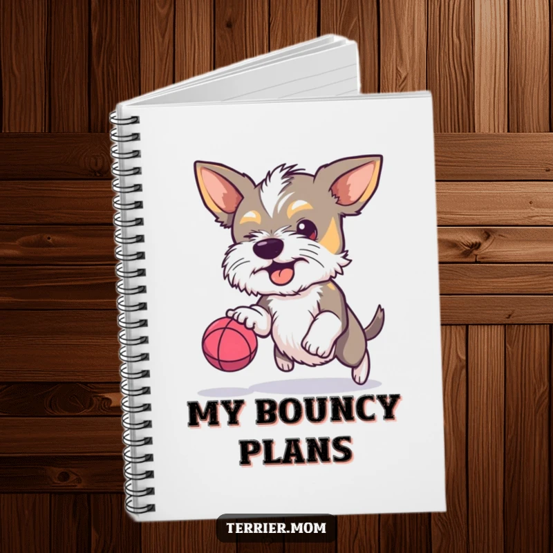 Funny Terrier notebook, determined dog, bouncing ball, focused pet, humorous stationery, pet journal, great funny gift.