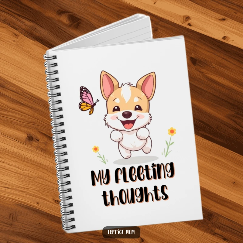 Funny terrier notebook, a dog excitedly chasing a butterfly with a happy expression, perfect for writing and as a funny gift.