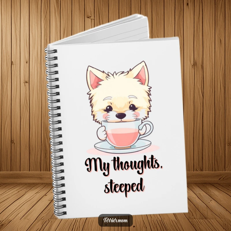 Funny notebook featuring a serene Terrier dog sipping from a small teacup, ideal for journaling peaceful thoughts and ideas.