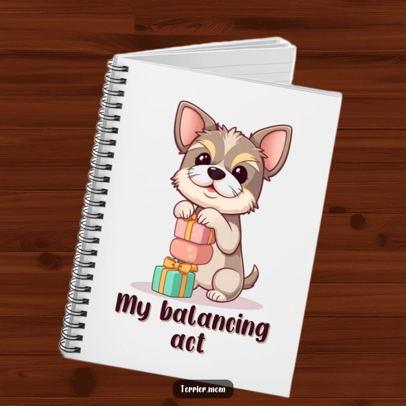 Funny terrier notebook featuring a dog balancing a stack of small gifts, perfect for journaling life’s busy moments.