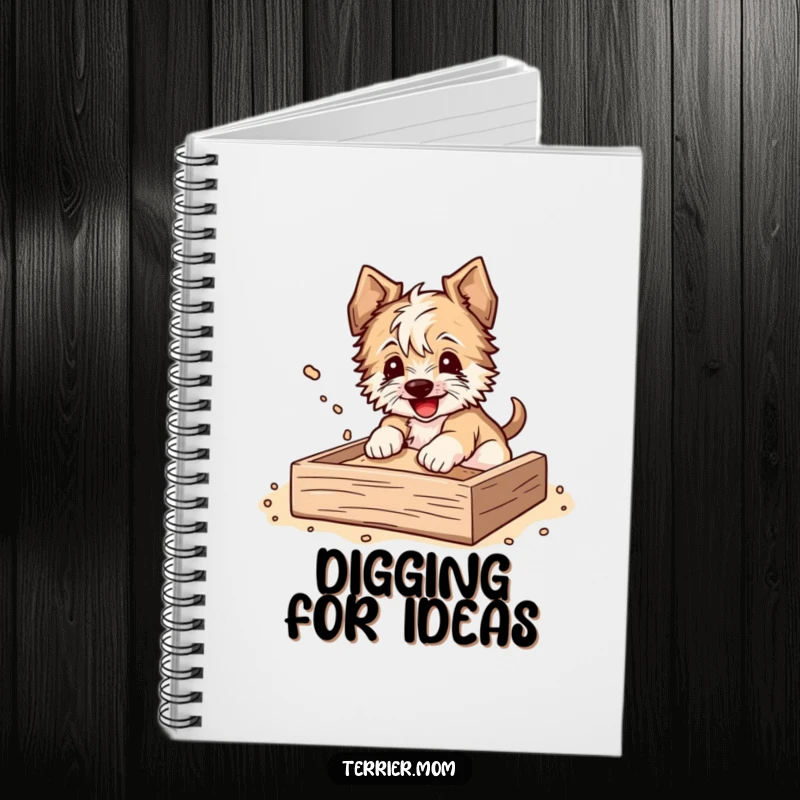 Funny Notebook cover showing a terrier digging in a sandbox, dirt flying, ready to capture your brilliant notions.