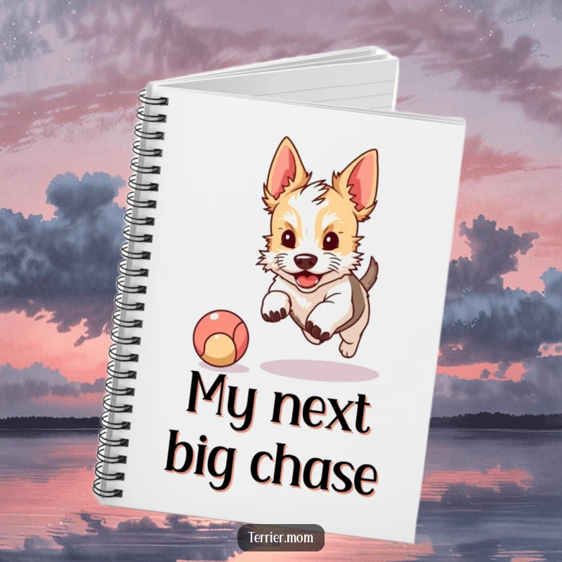 Funny notebook with a kawaii terrier dog with perky ears chasing a bouncing ball, ideal for jotting down notes and playful thoughts.