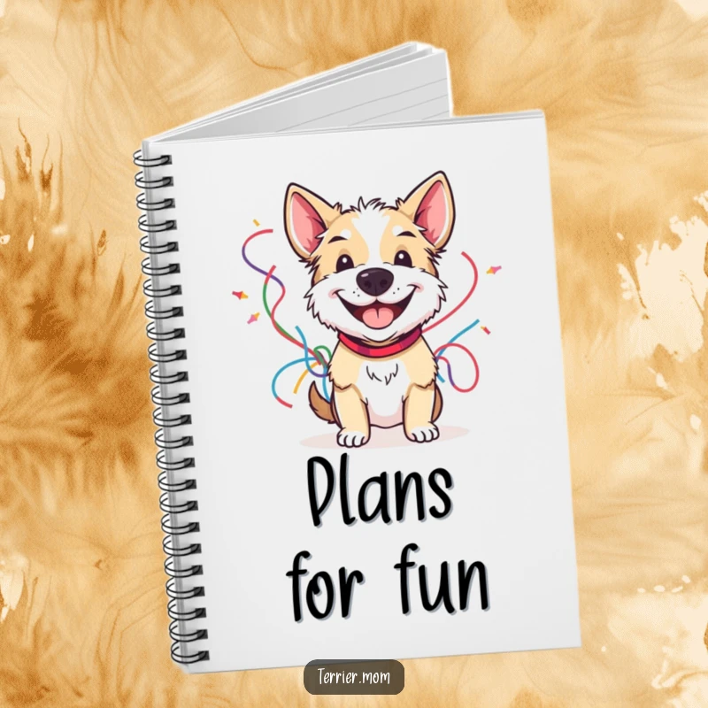 Funny notebook cover featuring a grinning terrier holding colorful streamers, perfect for note-taking and planning celebrations.