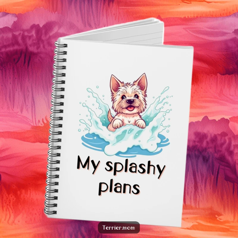Funny terrier notebook featuring a dog splashing playfully in a foamy wave, perfect for journaling beach memories.